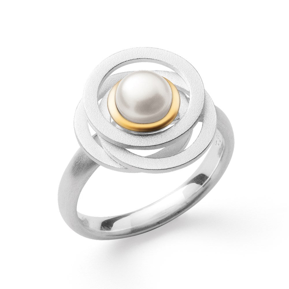 925/- Ring, teilf. sandgestrahlt/glänzend Zuchtperle - 56 / Nicht rhodiniert