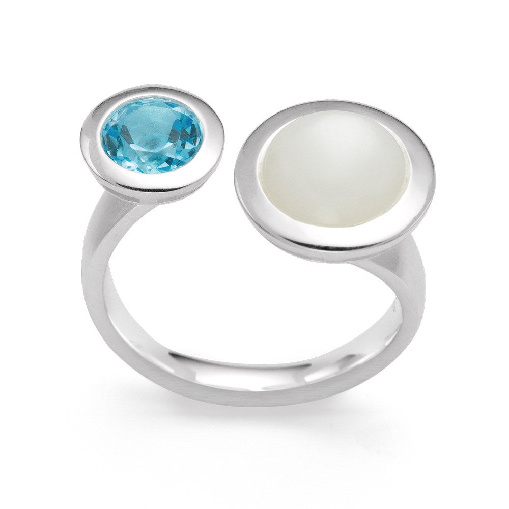 925/- Ring mattiert/poliert, Blautopas, Mondstein - 52 / Nicht rhodiniert