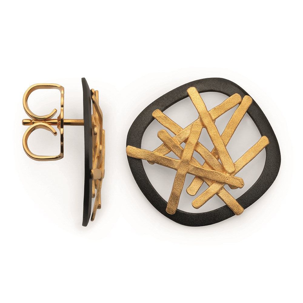 925/-ear studs, partly gold-plated,black-rh,matt