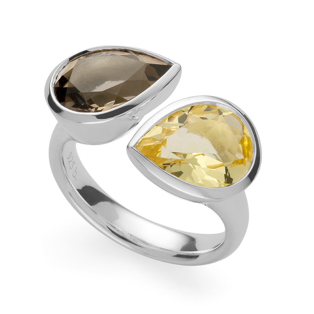 925Ring,rh,pol.,Champagnerqrz2,74ct,Rauchqrz2,94ct - 60 / Rhodiniert