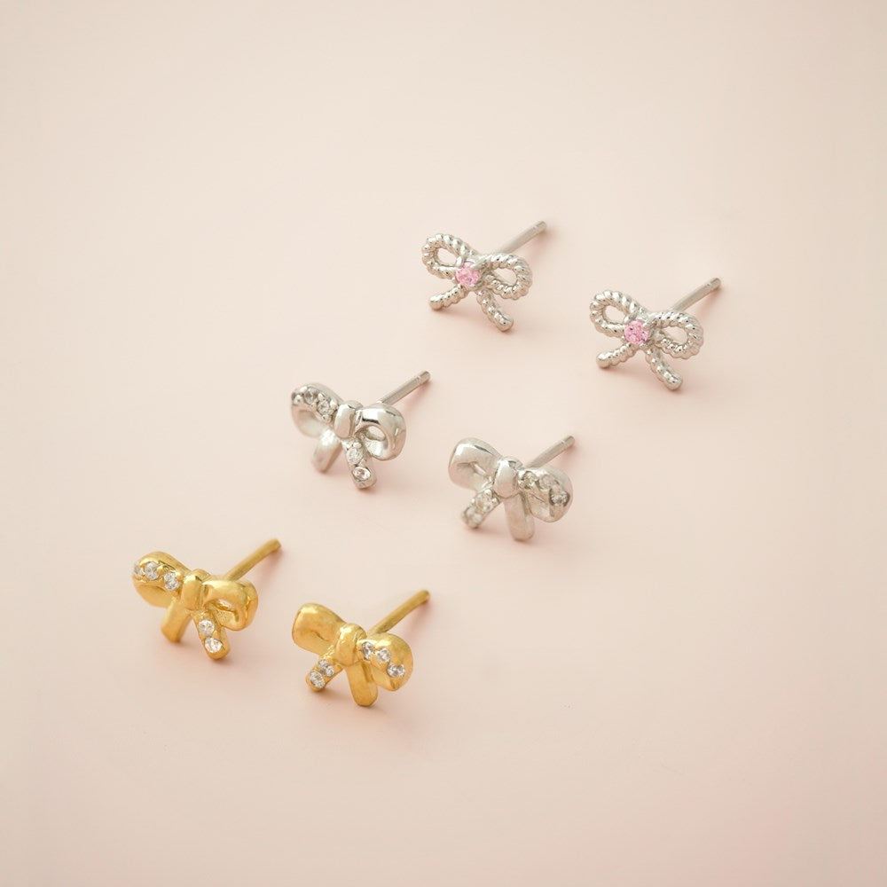Rhd. silver earrings bow w. pink cz