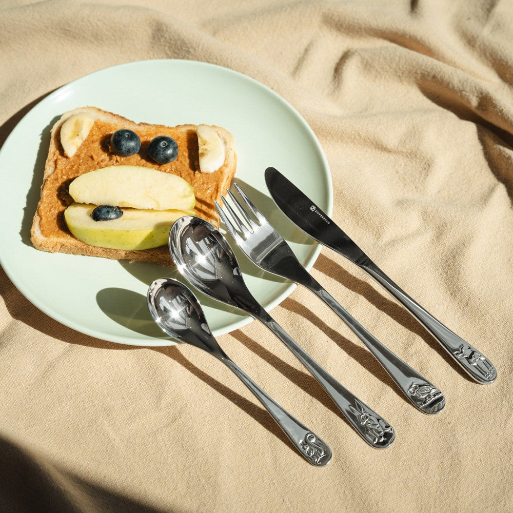 Børnebestik, 4 stk., skovdyr, rustfrit stål
