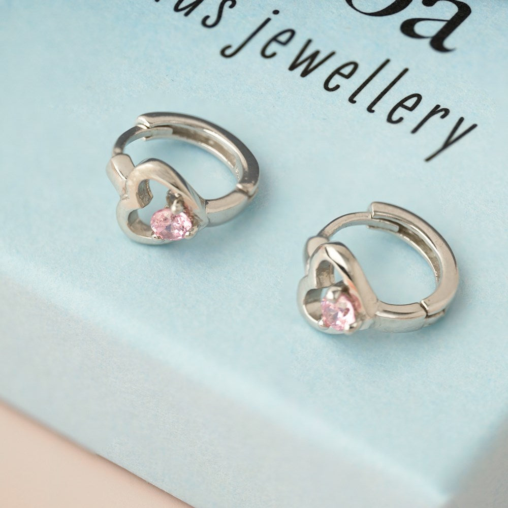 Rhodinierte Silber Creolen Herz m. Rosa cz