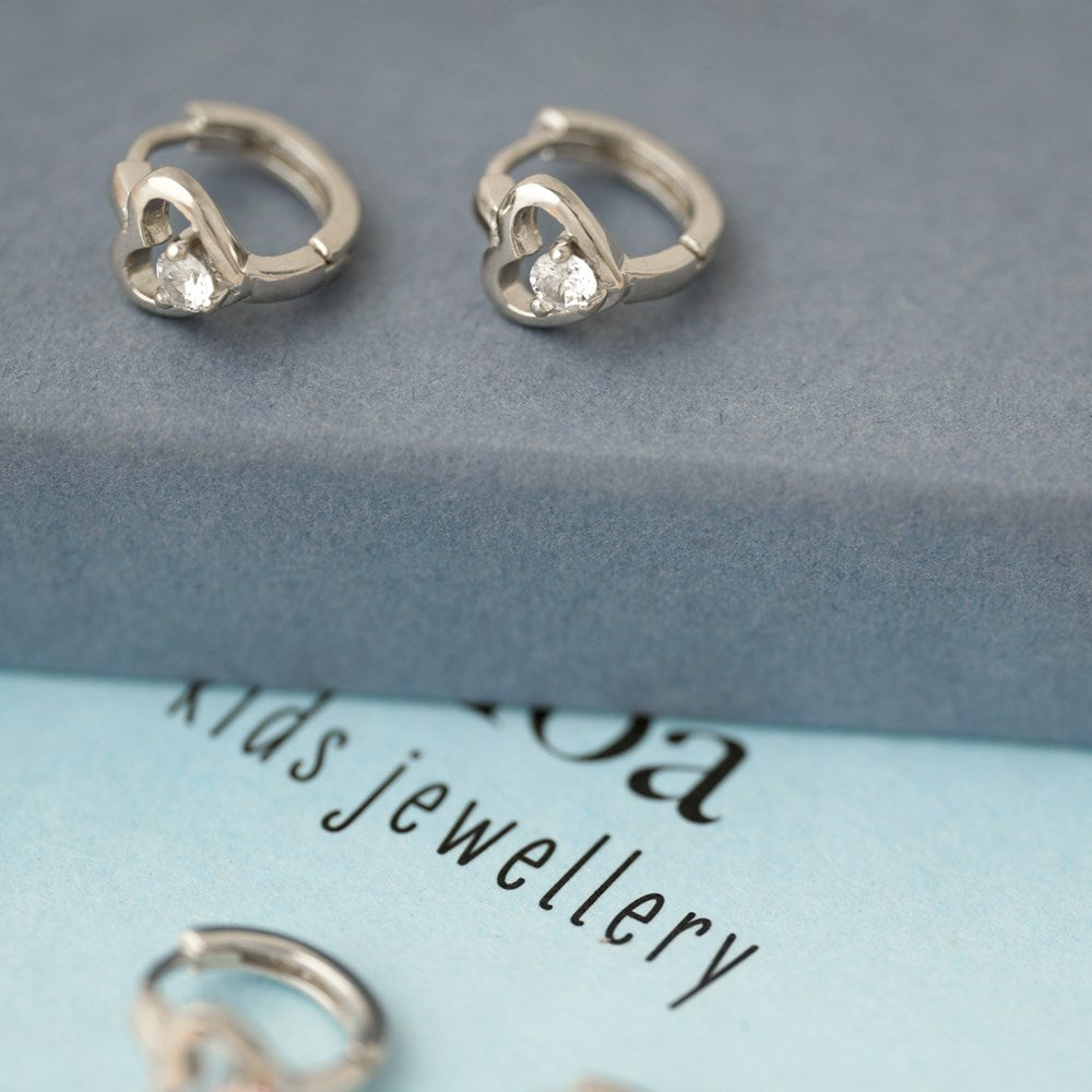 Rhd. siver hoops hearts w. white cz