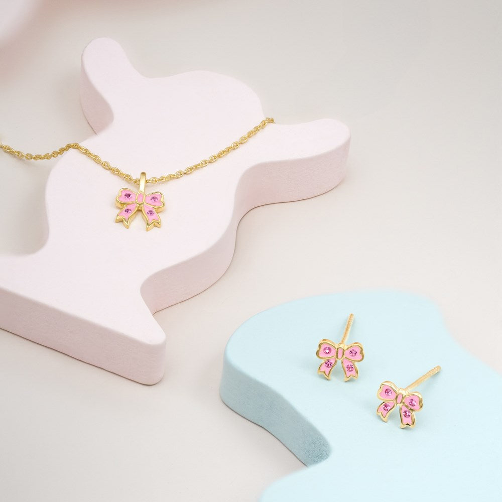 Goldp. silver necklace bow w. cz/epoxy