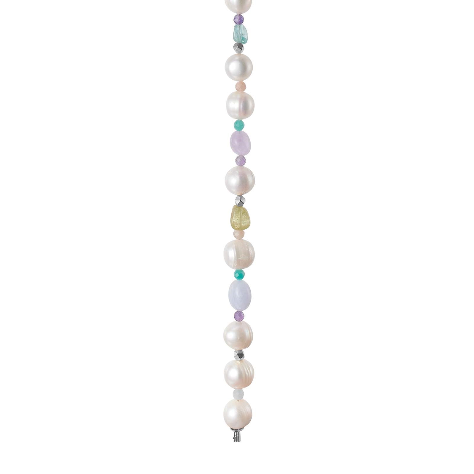 Apatite, peridot, amethyst, amazonite, sunstone, pearl, plated hematite system-chain