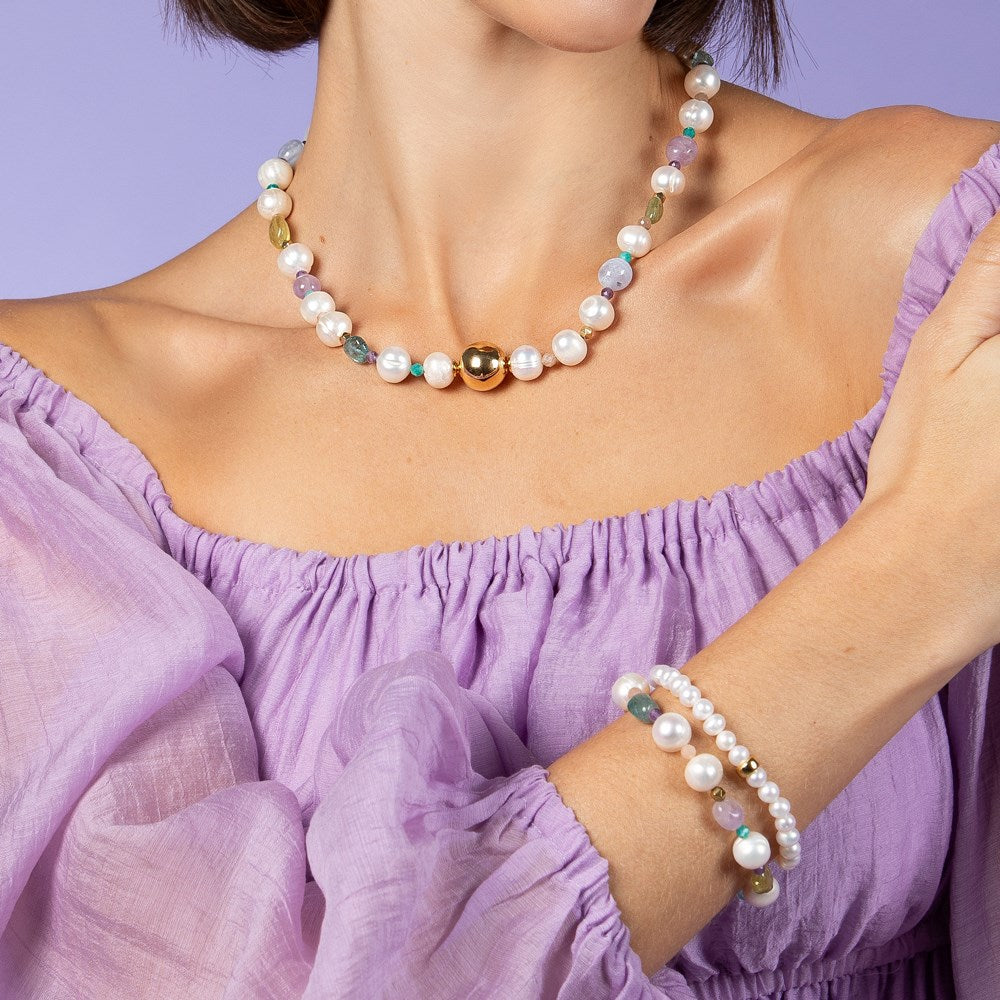 Apatite, peridot, amethyst, amazonite, sunstone, pearl, plated hematite system-chain