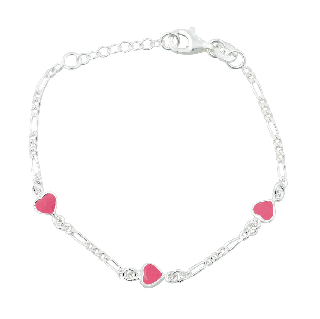 Rhod. silver bracelet w/3 hearts w/pink enamel