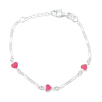 Rhod. silver bracelet w/3 hearts w/pink enamel