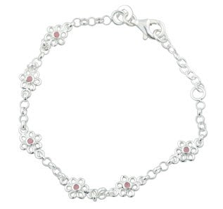 Rhod. silver bracelet w/6 flowers w/pink enamel