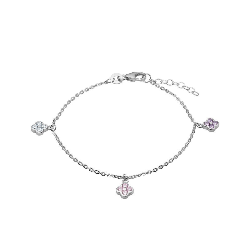 Rhodinierte Silber Armband Blume m. Weiß/Rosa/Lila cz