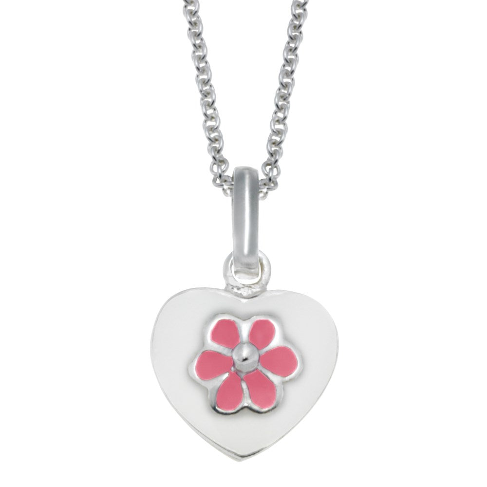 Rhod. Silberhalskette Herz m/rosa Blume