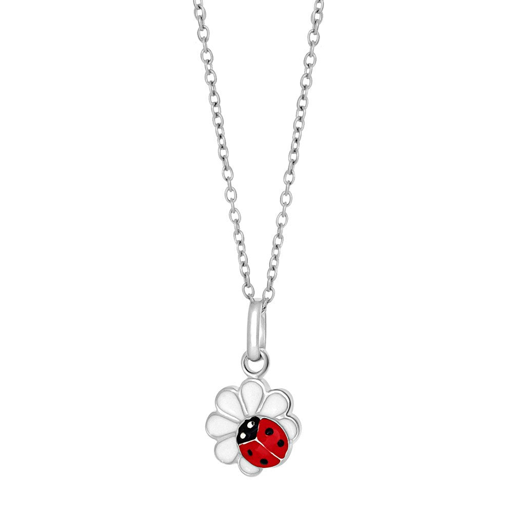 Rhod. silver necklace flower w/ladybird and enamel