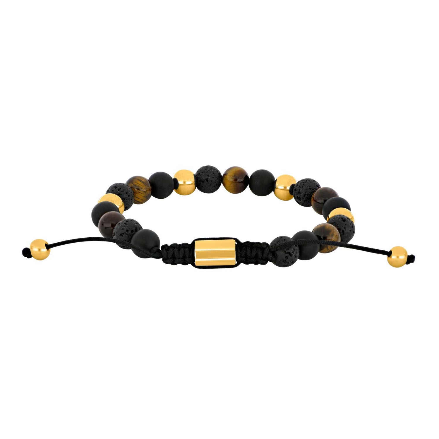 SON armbånd sort agate/lava/tigerøje og IP gold 8mm
