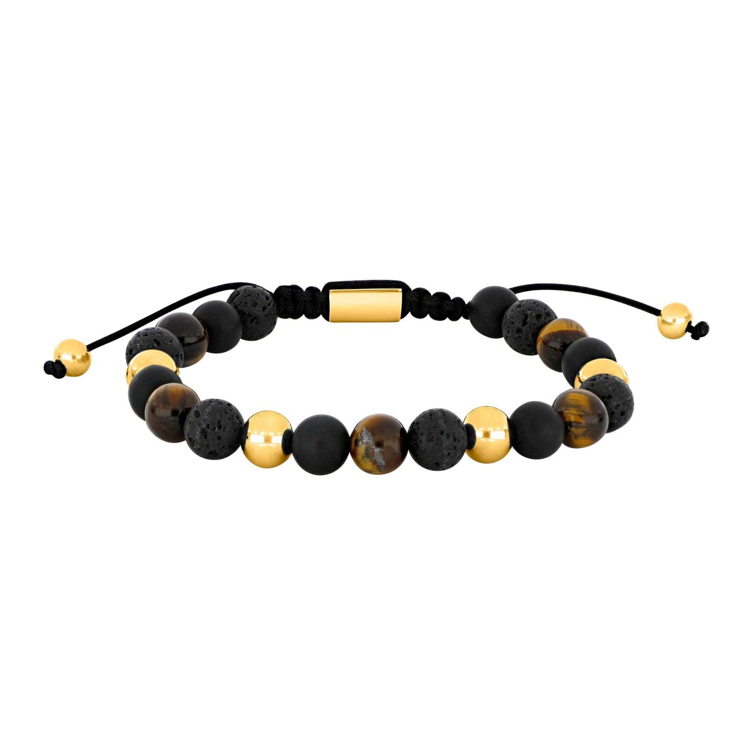 SON armbånd sort agate/lava/tigerøje og IP gold 8mm