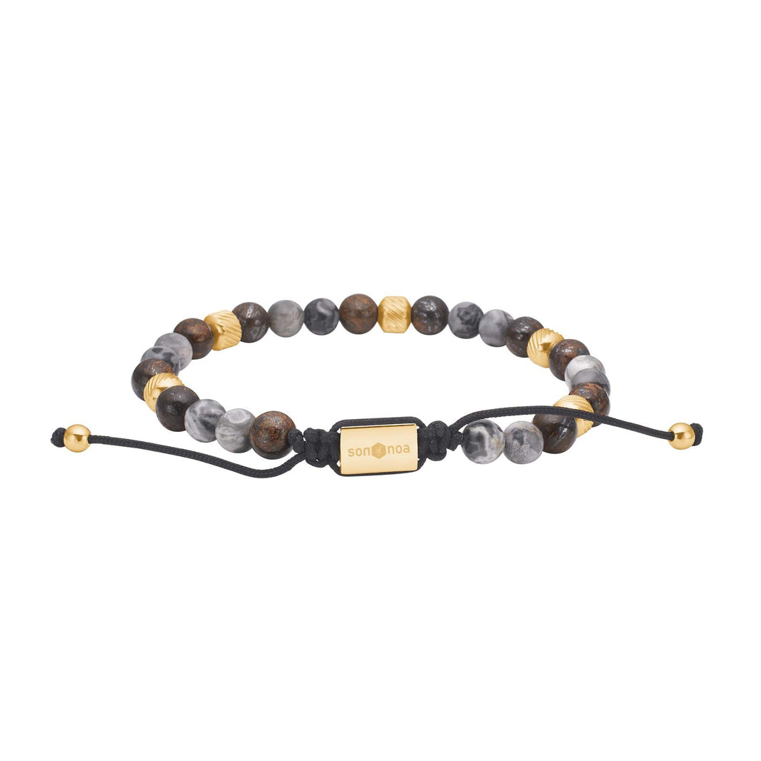 SON bracelet map stone/ilmenite bronzitite w. steel IP gold
