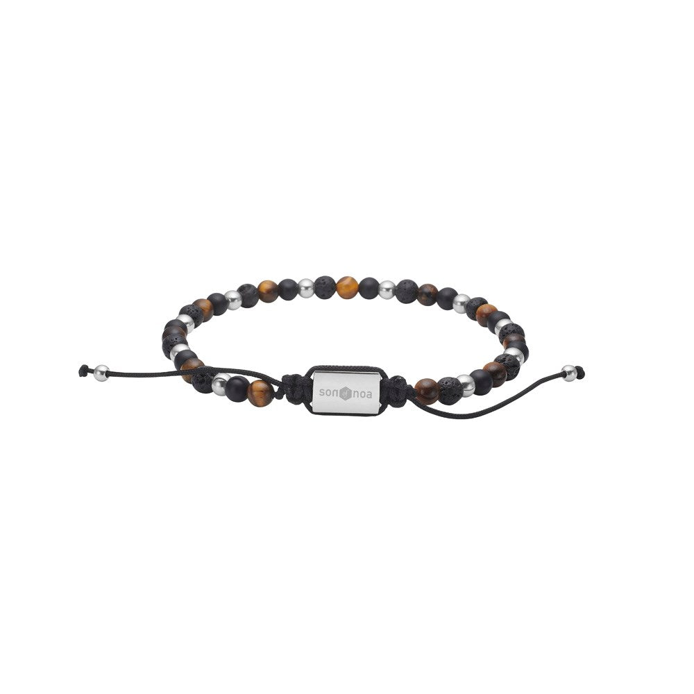 SON Armband schwarz agate/lava/Tigerauge m.Stahl 4mm, 19-25cm - Edelstahl