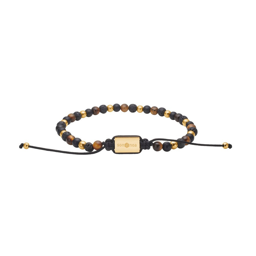 SON Armband schwarz agate/lava/Tigerauge m.Stahl 4mm, 19-25cm - IP Gold