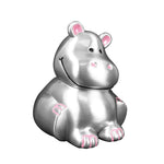 Pewter plated money bank hippopotamus, pink enamel