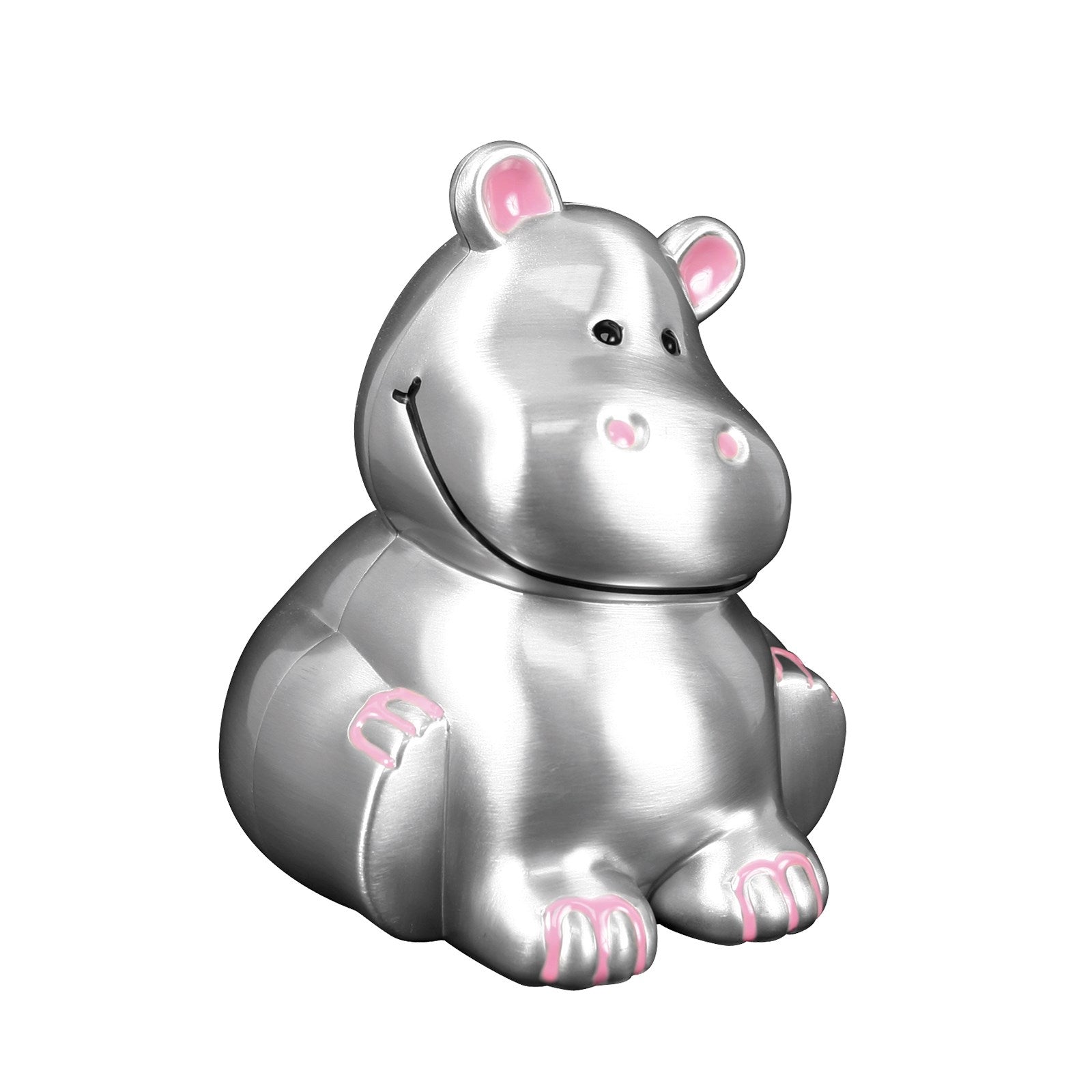 Pewter plated money bank hippopotamus, pink enamel
