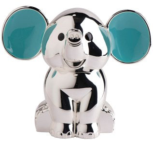 Forkromet sparebøsse elefant m. blå ører