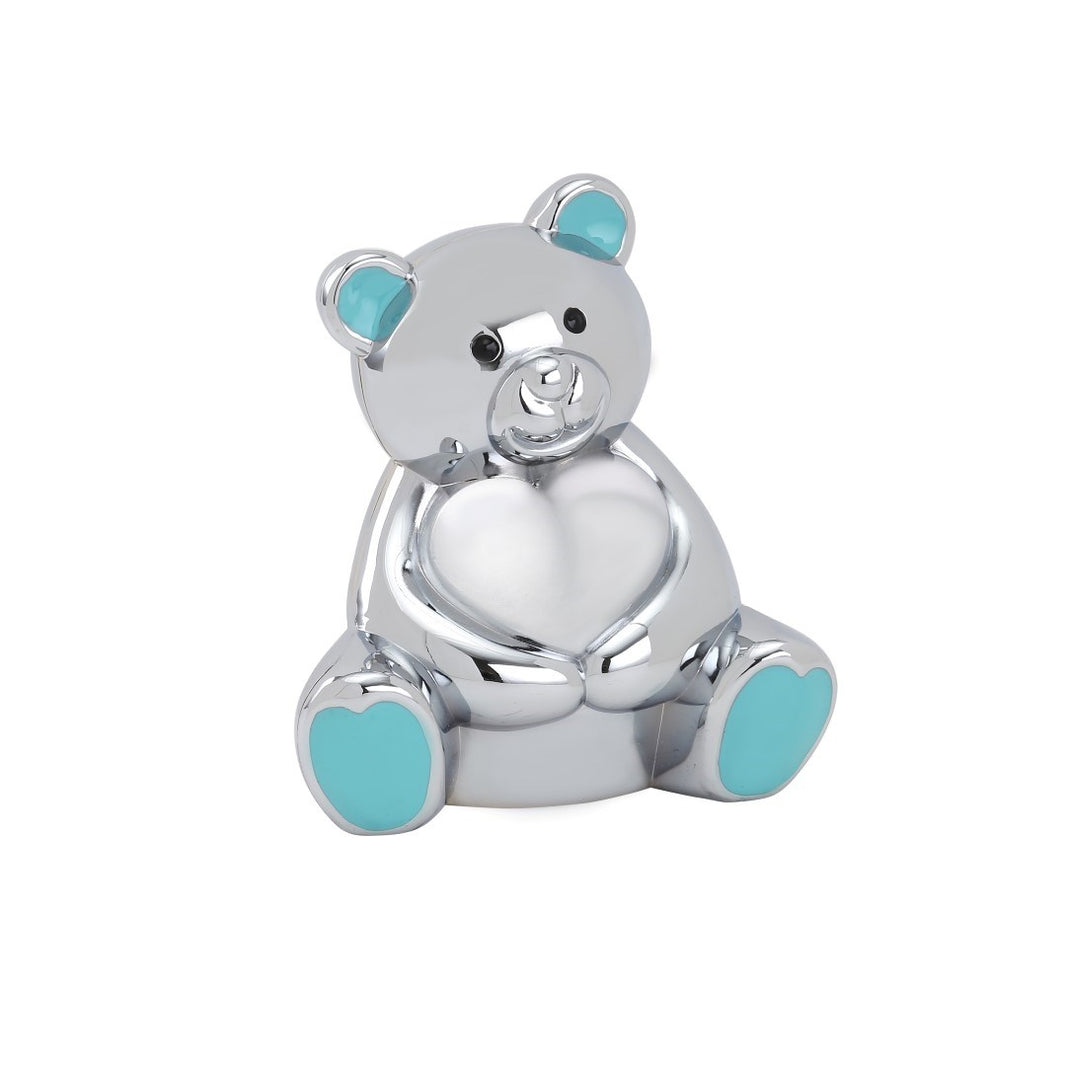 Forkromet sparebøsse bamse m. lyseblå ører