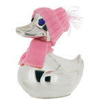 Versilberte Spardose Ente mit pinker Kleidung