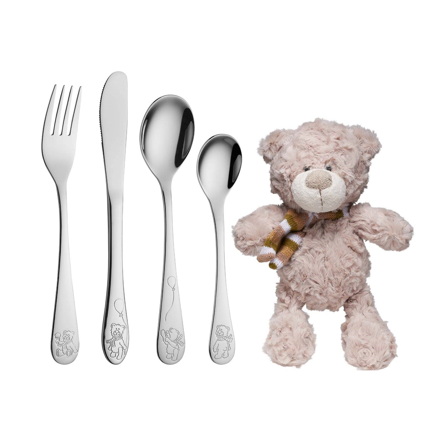 Rustfrit stål bestik m. teddy inkl. bamse