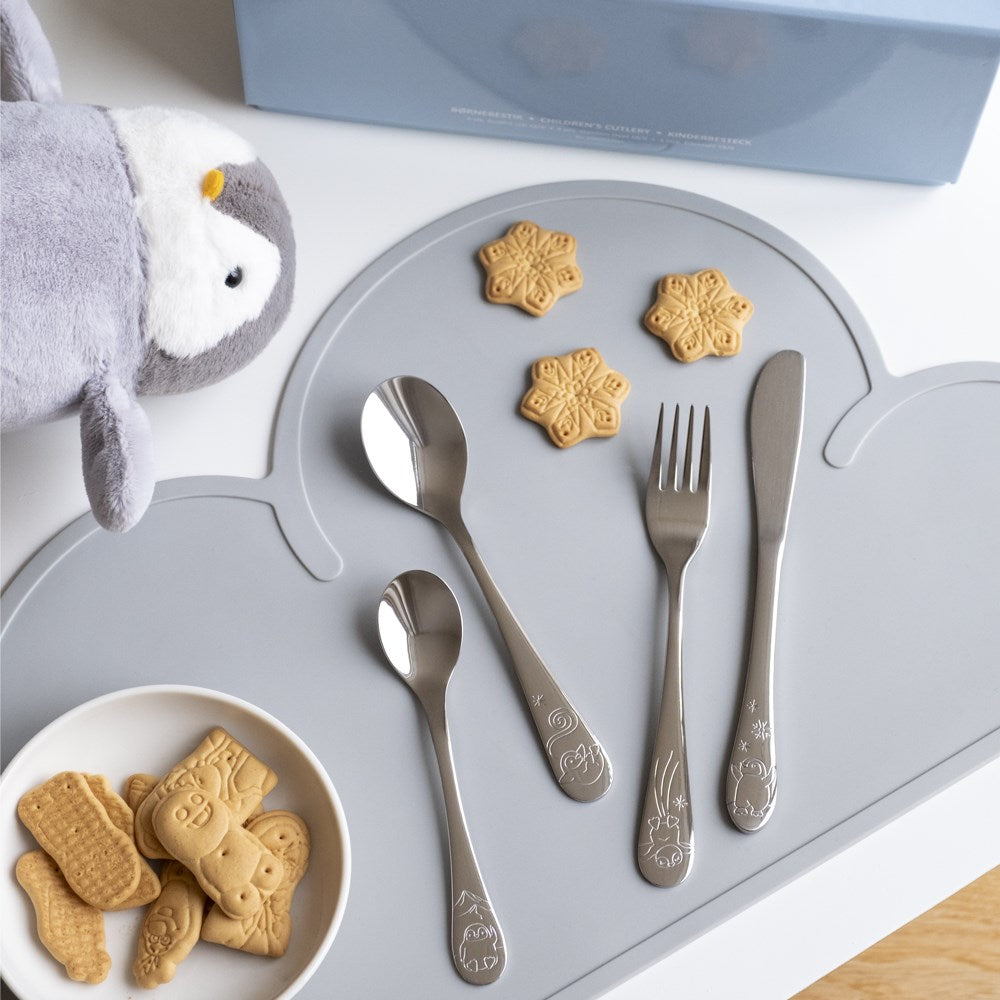 Rustfrit stål bestik m. pingvin inkl. bamse