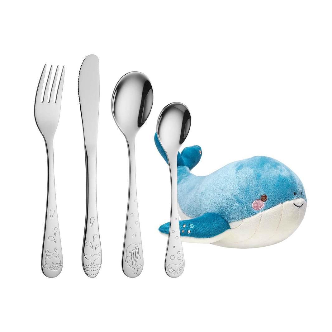Rustfrit stål bestik m. hval inkl. bamse