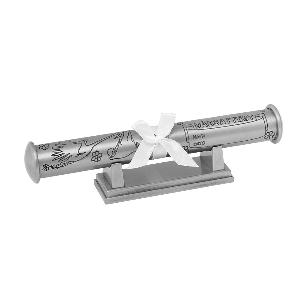 Pewter plated baptismal certificate pipe with foot