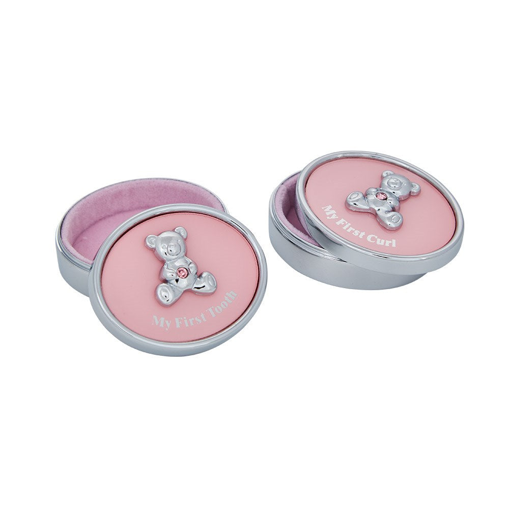 Forkromet æske lyserød min første tand/hår bamser