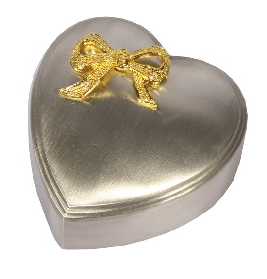 Fortinnet smykkeskrin m. forgyldt sløjfe 10x10cm