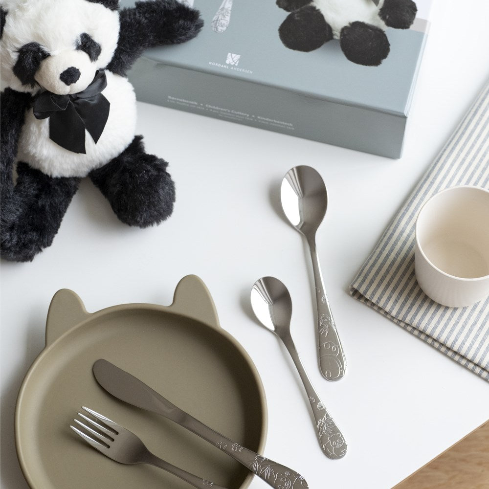 Rustfrit stål bestik m. panda inkl. bamse