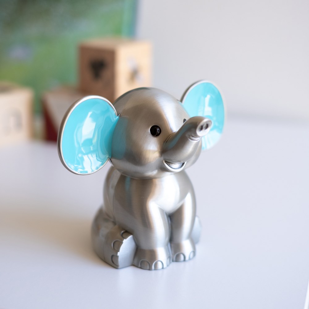 Verzinnte Sparbüchse Elefant mit hellblauen Ohren