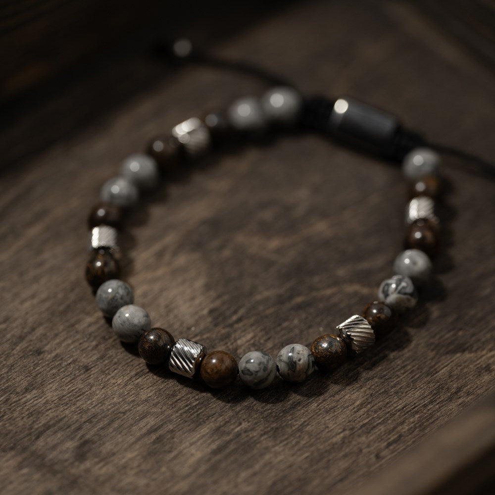 SON bracelet map stone/ilmenite bronzitite w. steel