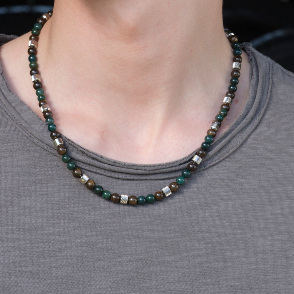 SON chain steel w. moss agate/ilmenite bronzitite