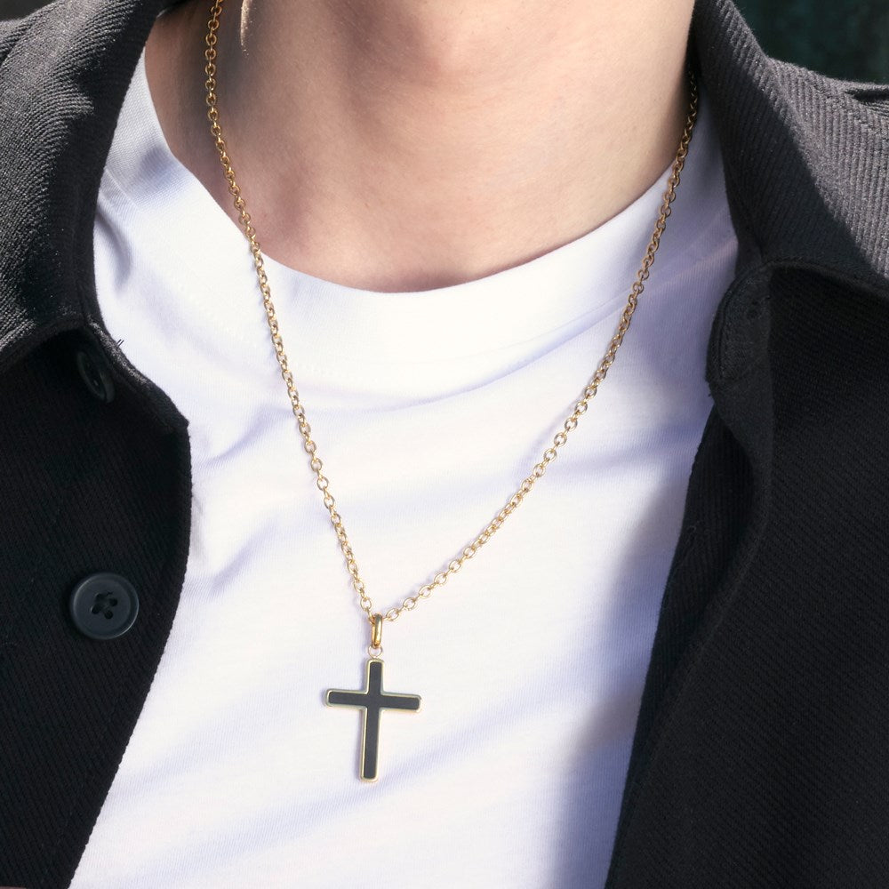 SON Stahl Halskette IP gold Kreuz mit carbon