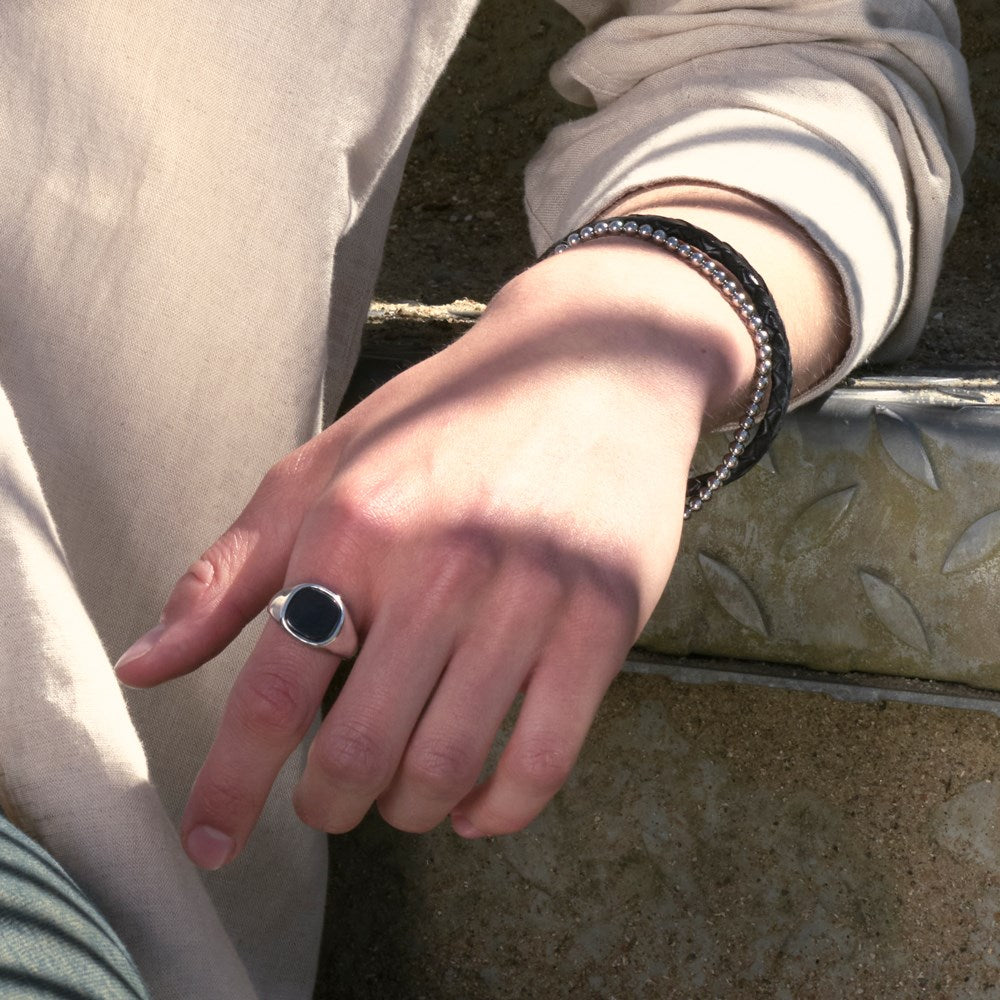 SON stål ring med black agate - Forgyldt rustfrit stål / 70