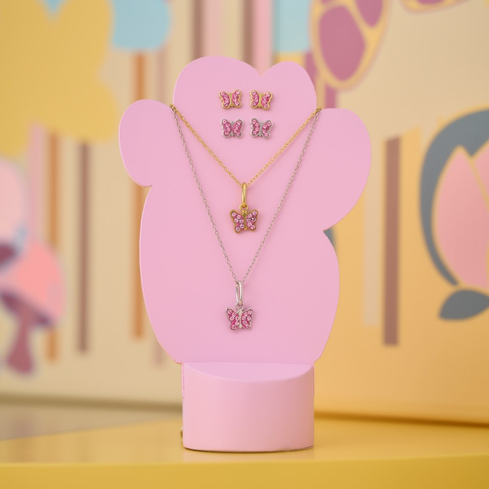 Goldp. silver necklace butterfly w/pink cz